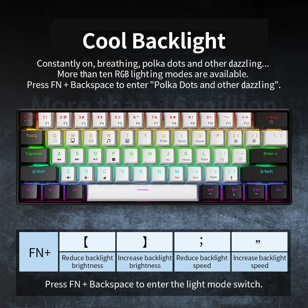 61-Key Mechanical Gaming Keyboard – Compact 60% Design with Multicolor Backlight