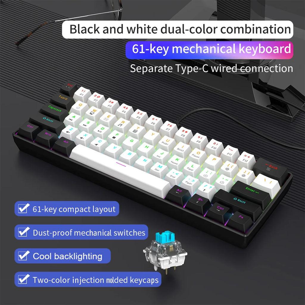 61-Key Mechanical Gaming Keyboard – Compact 60% Design with Multicolor Backlight