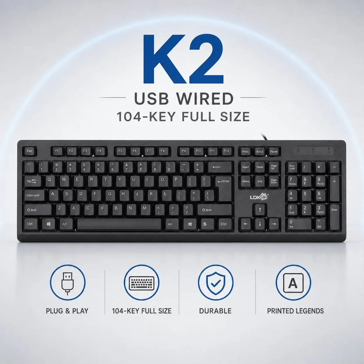 K2 Full-Size Office Keyboard – 104-Key Wired USB, Quiet Typing & Plug-and-Play