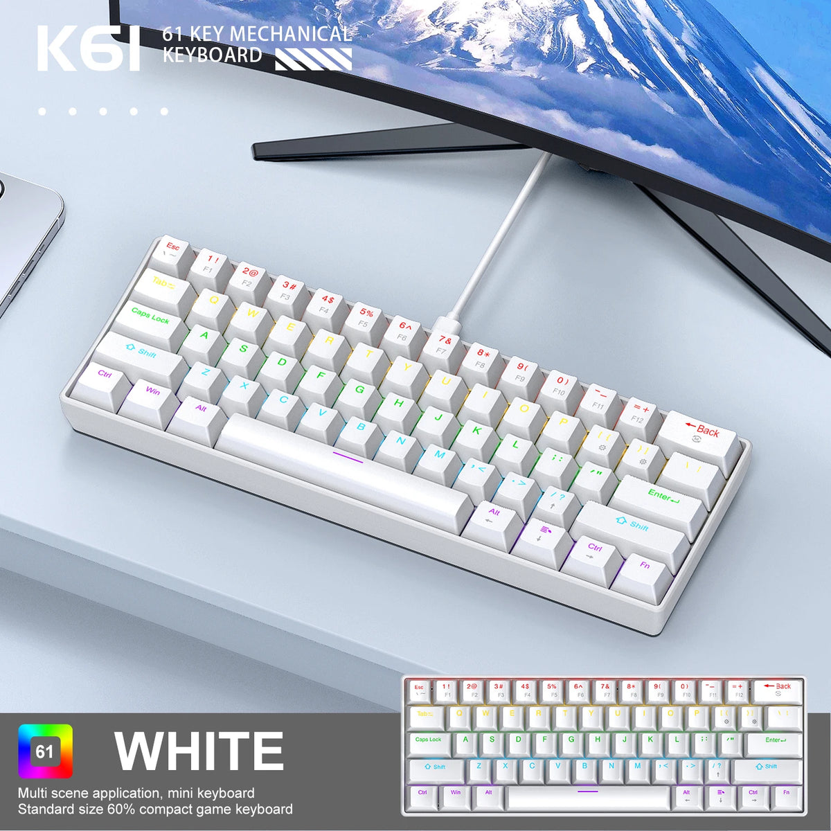 K61 60% Mechanical Gaming Keyboard – 61-Key Wired, Hot-Swappable, RGB Backlit